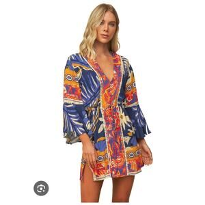 Maaji Marlee Mini Swim Cover Dress Blue Orange Small Flared Sleeve